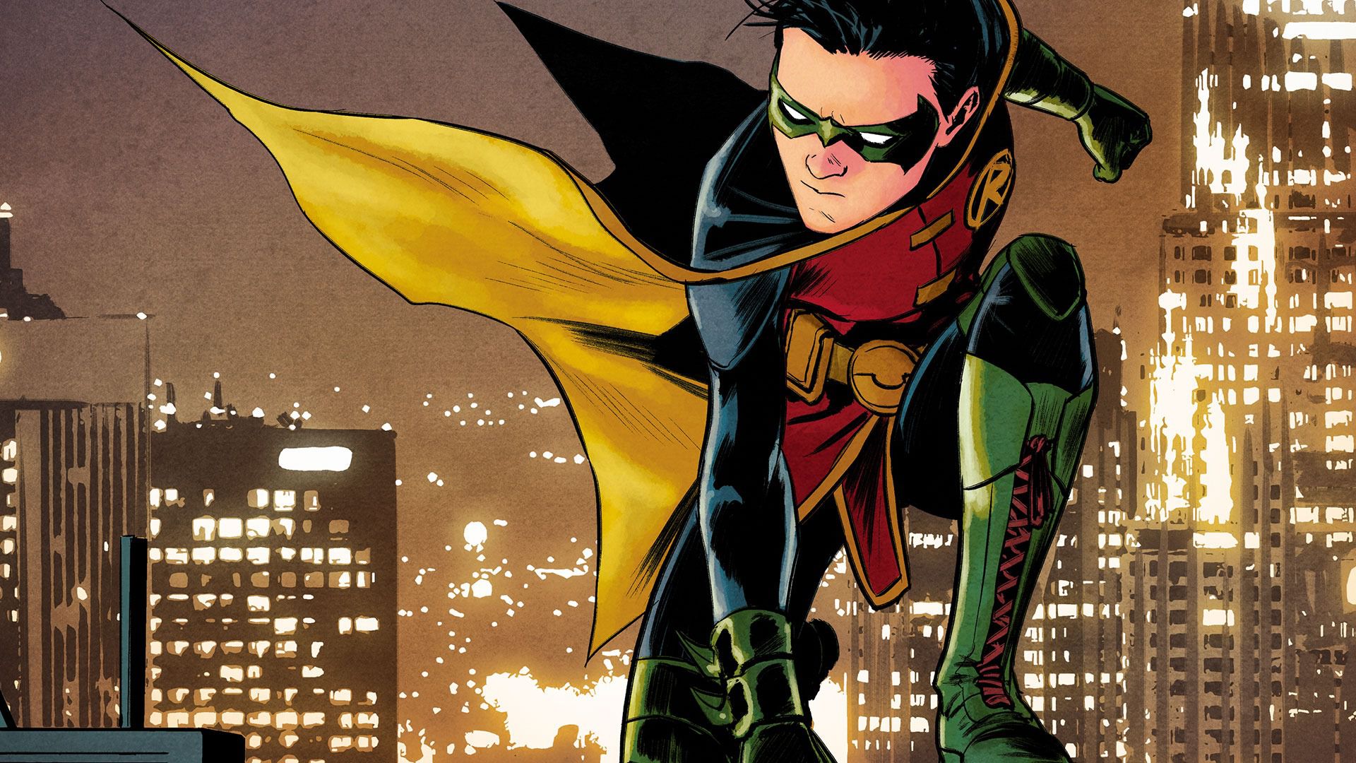 a panel showing Damian Wayne posing on a rooftop