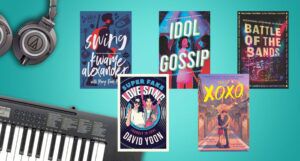 five covers of YA books about musicians against a teal background with a keyboard and black headphones off to the right