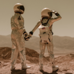 a photo of two people wearing spacesuits holding hands on a sandy planet